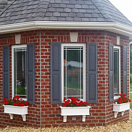 Bay window flower boxes with red geraniums