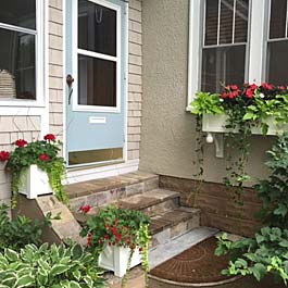 two square planters on steps with matching window box - periwinkle vine