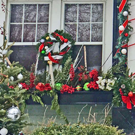 Christmas Window boxes wreathes bows jingle balls