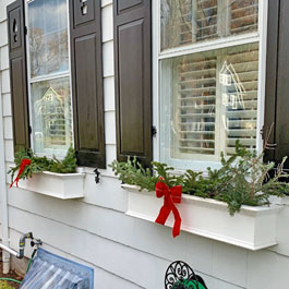 Red ribbon Xmas window flower boxes