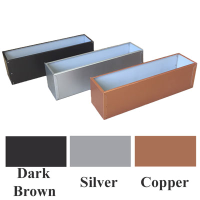 aluminum window boxes in copper, silver, and bronze