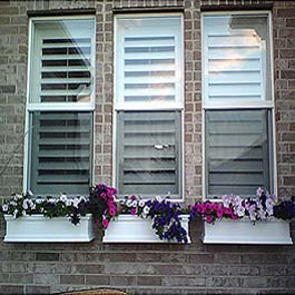 three close windows with flower boxes
