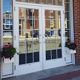 two small window box planters on each side of door