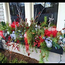 christmas ornaments in window box