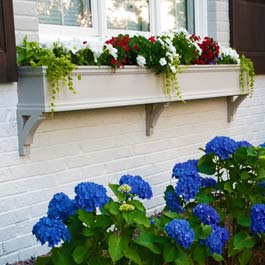 long off white window box on brick with three decorative brackets and red white flowers 