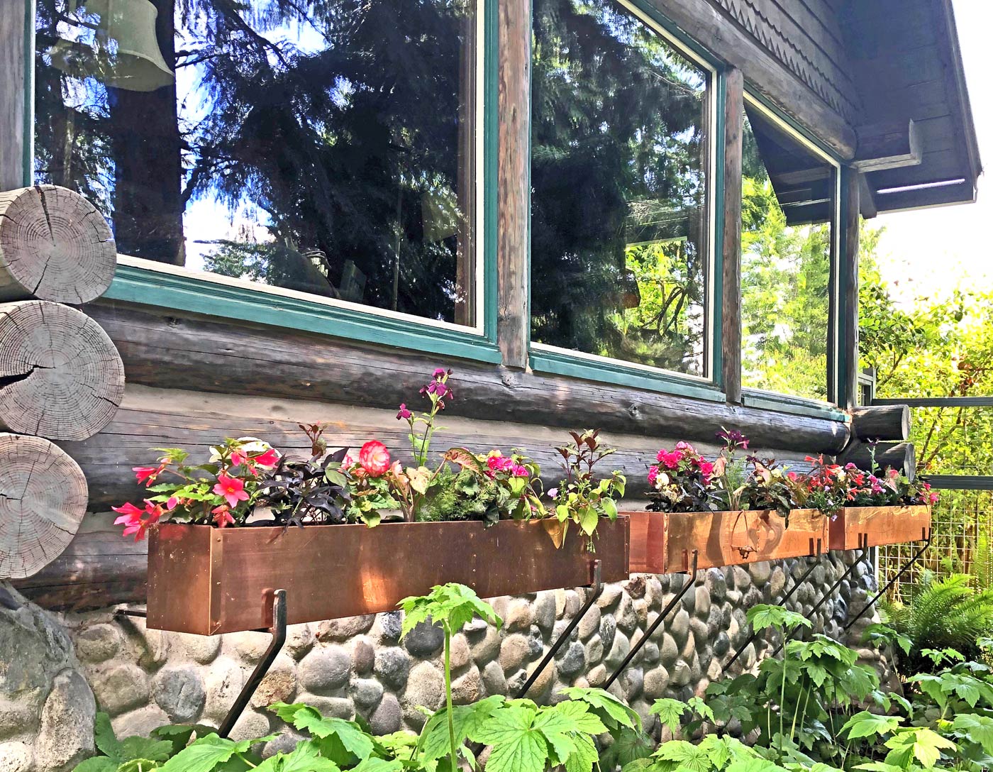 Copper Window Boxes on Log Home